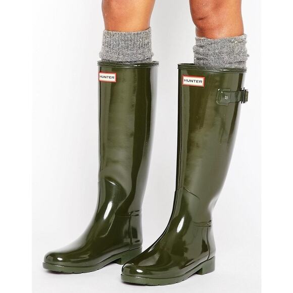 Hunter Women's 6 Dark Olive Original Tall Gloss Rain Boots Waterproof LM1-6 - Picture 1 of 9